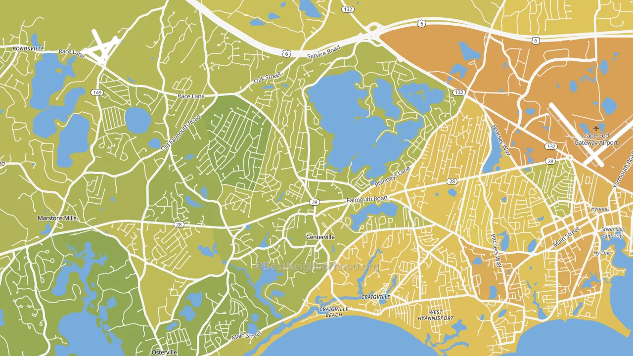 Map of the best neighborhoods in the 02632 area, with better matches in green and worse matches in red