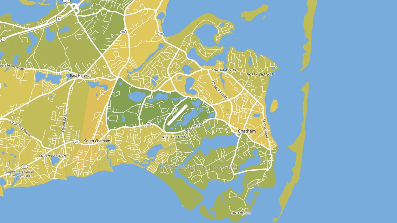 Map of the best neighborhoods in the 02633 area, with better matches in green and worse matches in red