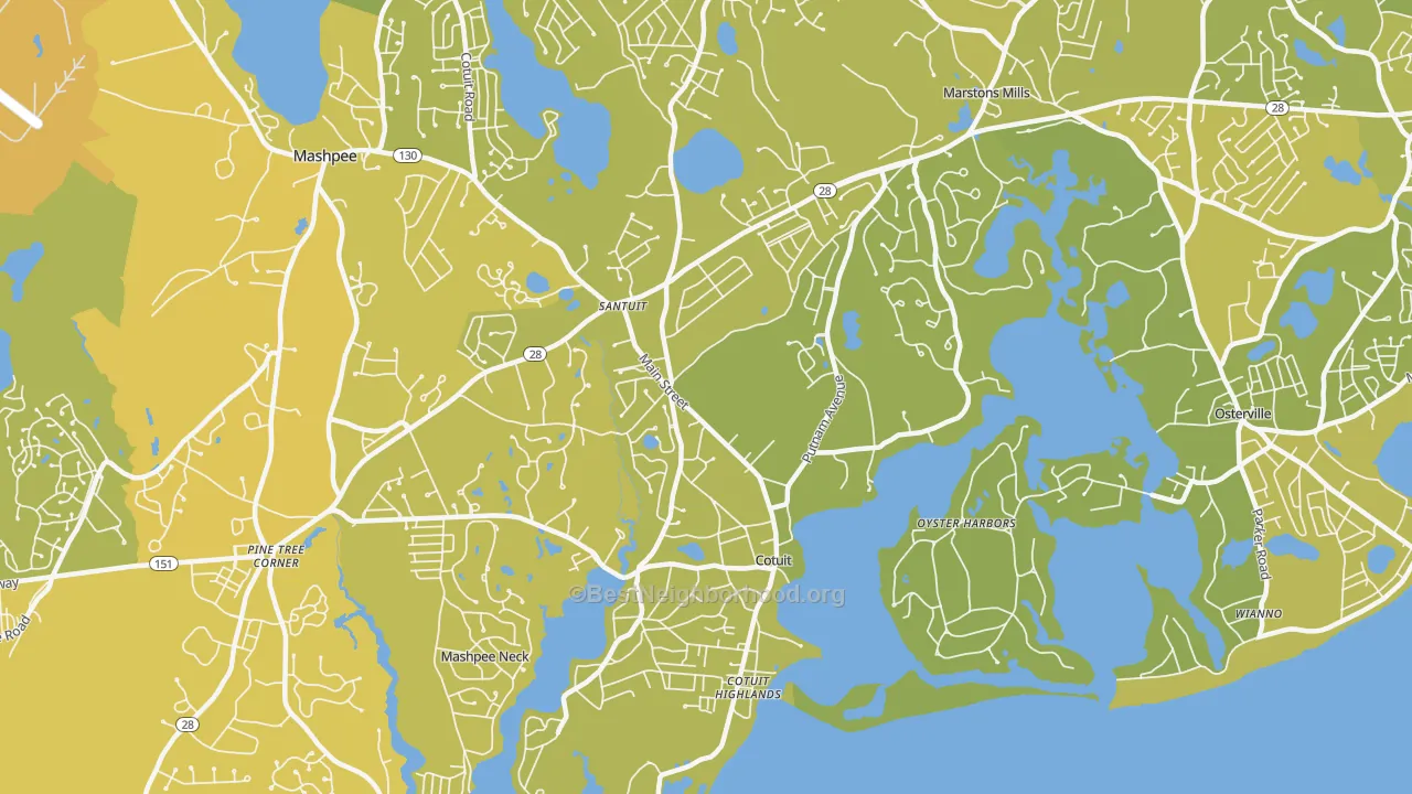 Map of the best neighborhoods in the 02635 area, with better matches in green and worse matches in red