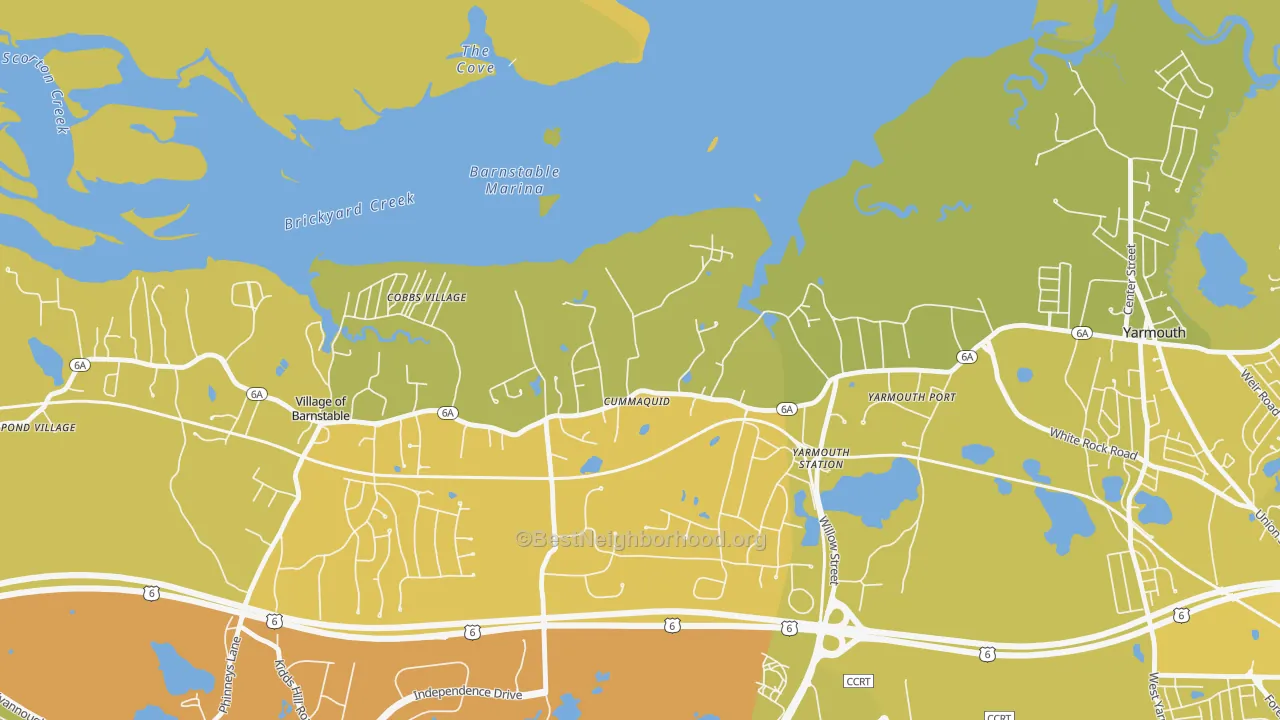 Map of the best neighborhoods in the 02637 area, with better matches in green and worse matches in red