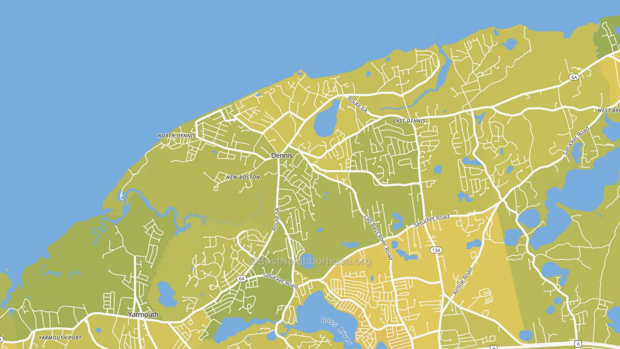 Map of the best neighborhoods in the 02638 area, with better matches in green and worse matches in red