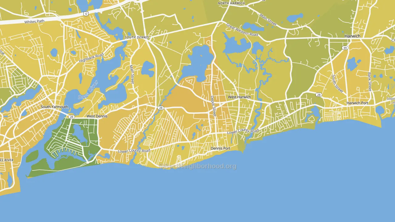 Map of the best neighborhoods in the 02639 area, with better matches in green and worse matches in red