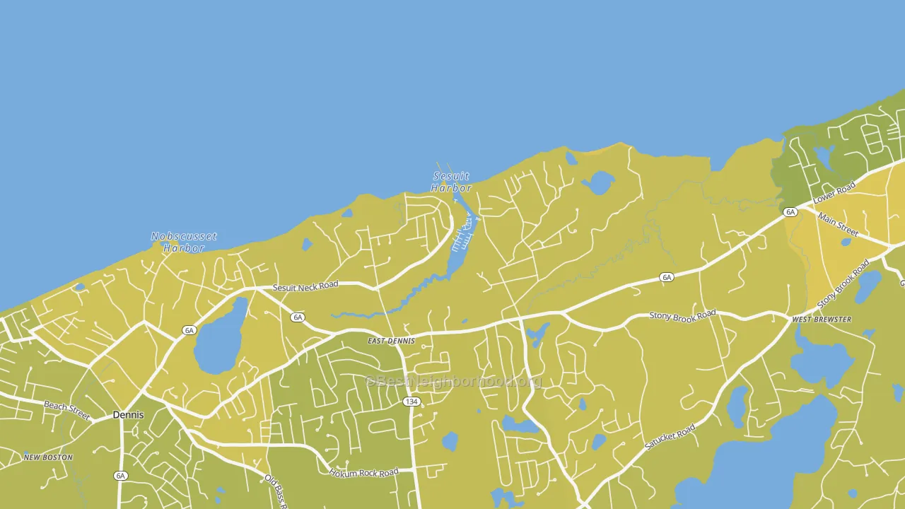 Map of the best neighborhoods in the 02641 area, with better matches in green and worse matches in red
