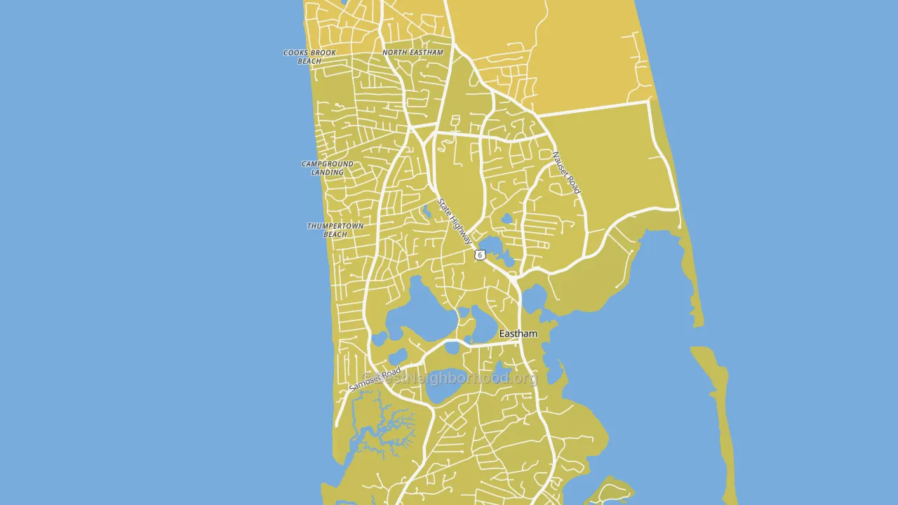 Map of the best neighborhoods in the 02642 area, with better matches in green and worse matches in red