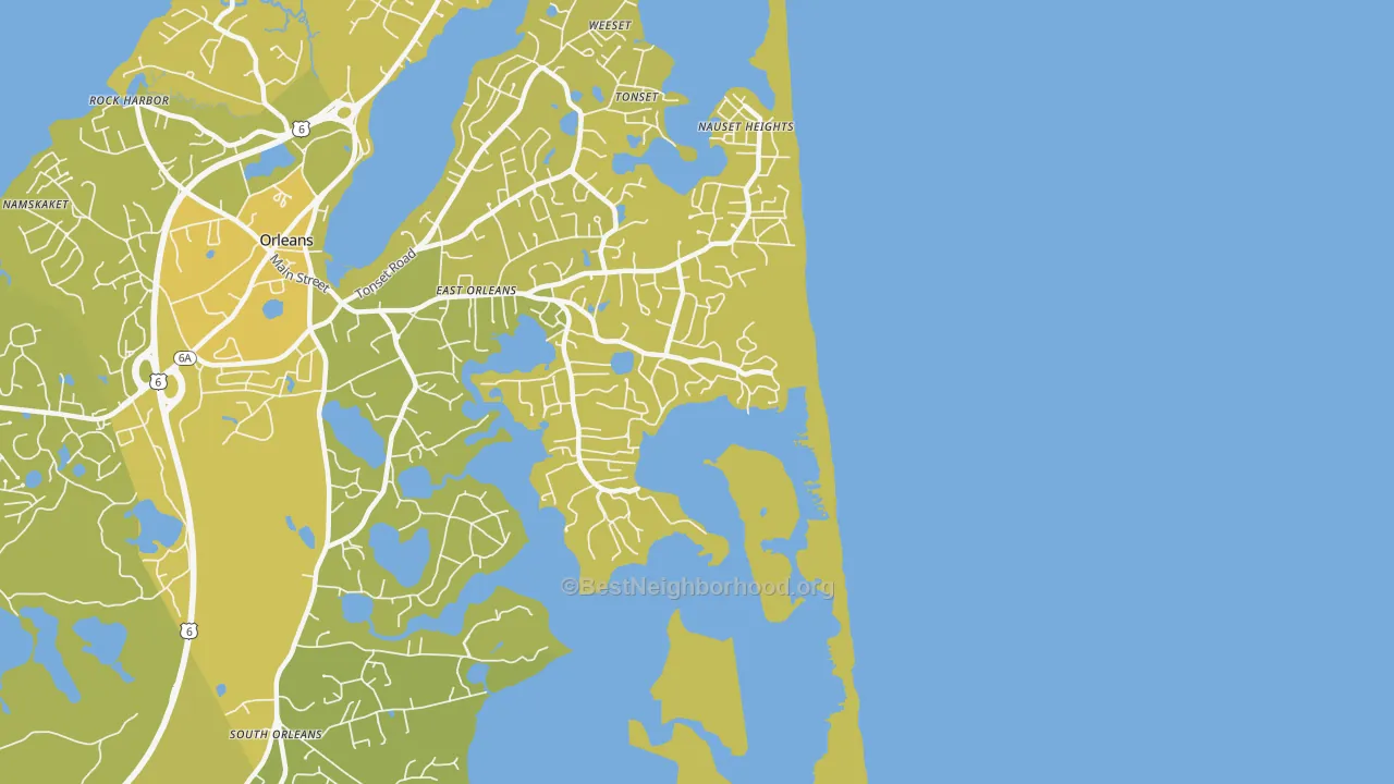 Map of the best neighborhoods in the 02643 area, with better matches in green and worse matches in red