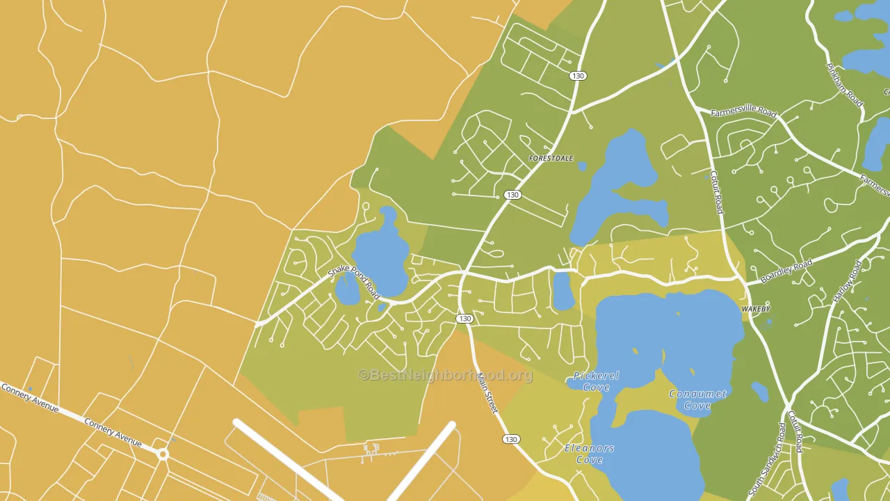 Map of the best neighborhoods in the 02644 area, with better matches in green and worse matches in red