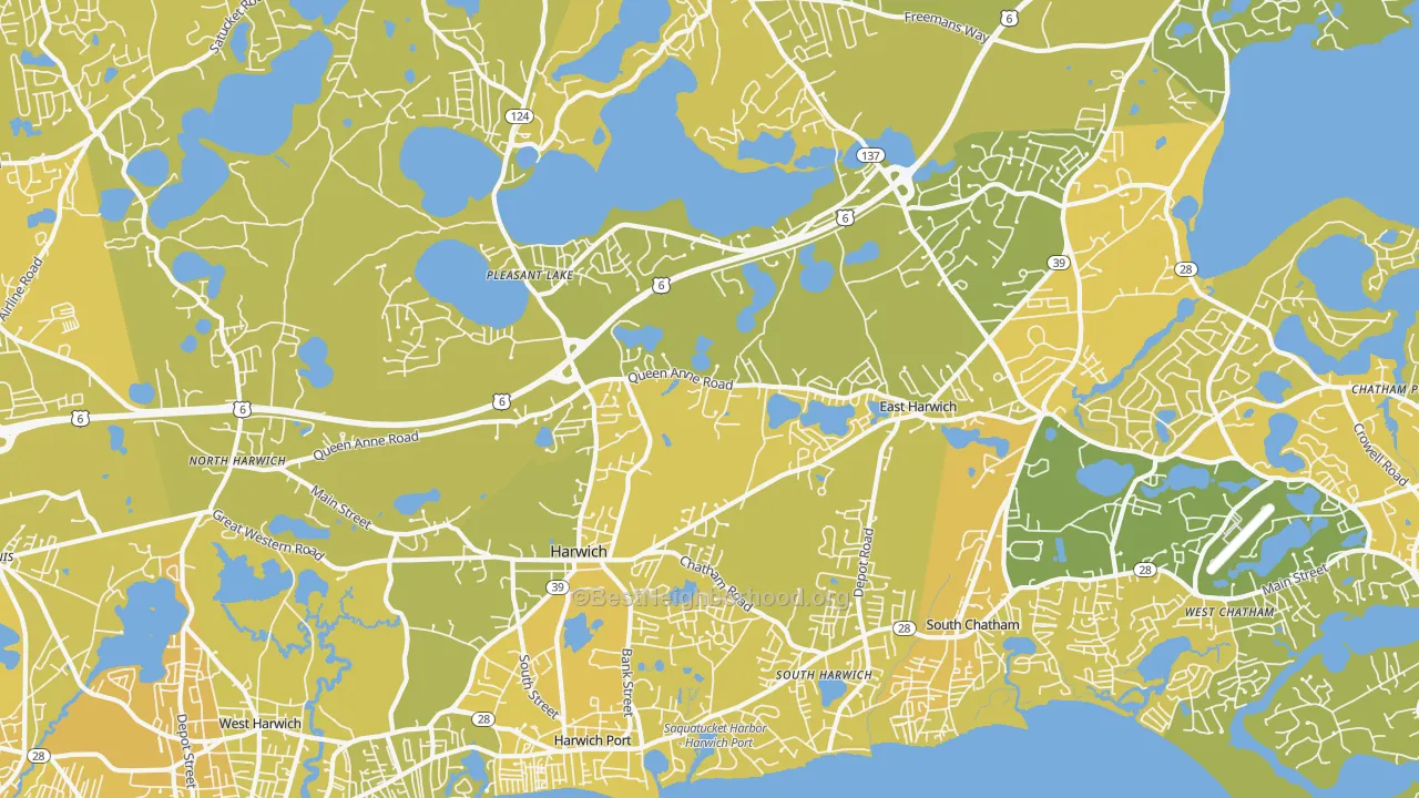 Map of the best neighborhoods in the 02645 area, with better matches in green and worse matches in red