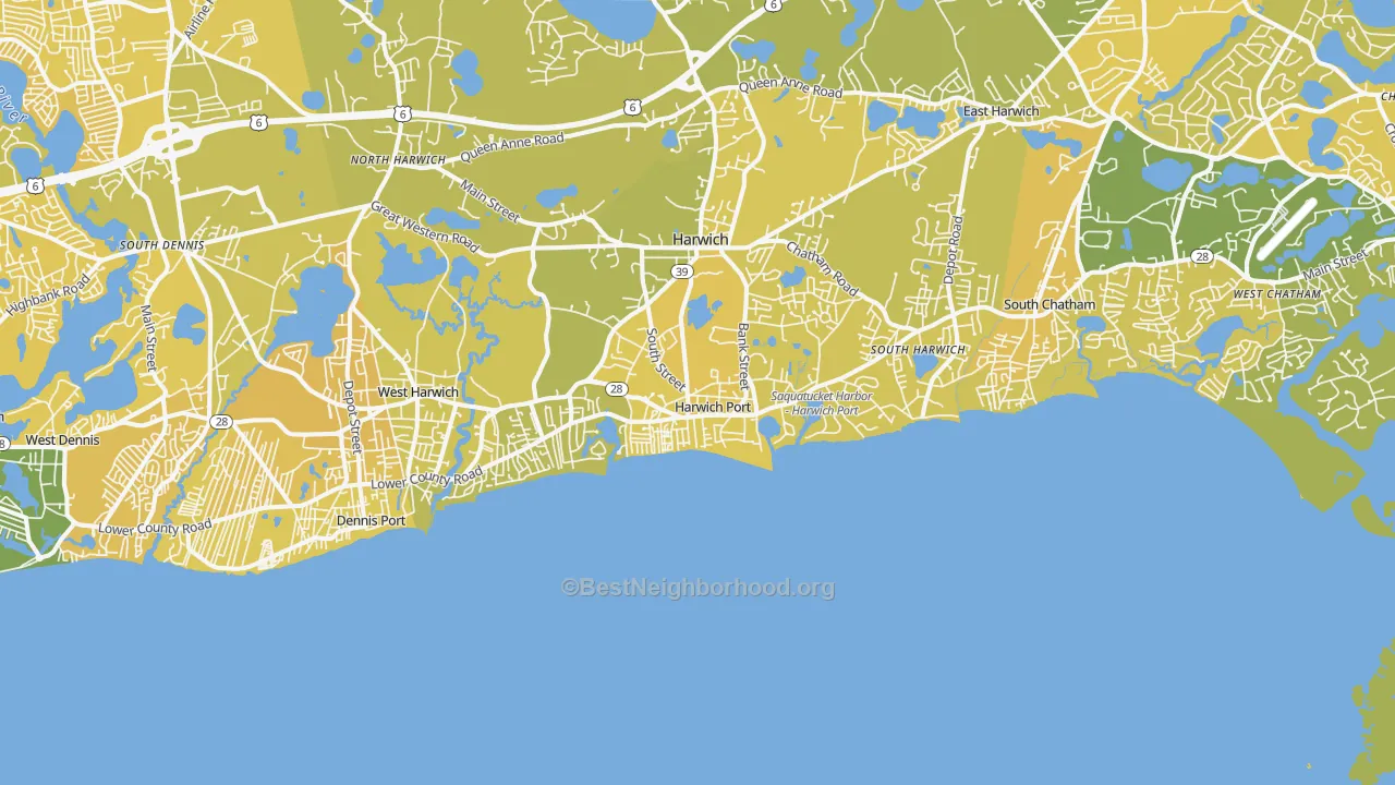 Map of the best neighborhoods in the 02646 area, with better matches in green and worse matches in red
