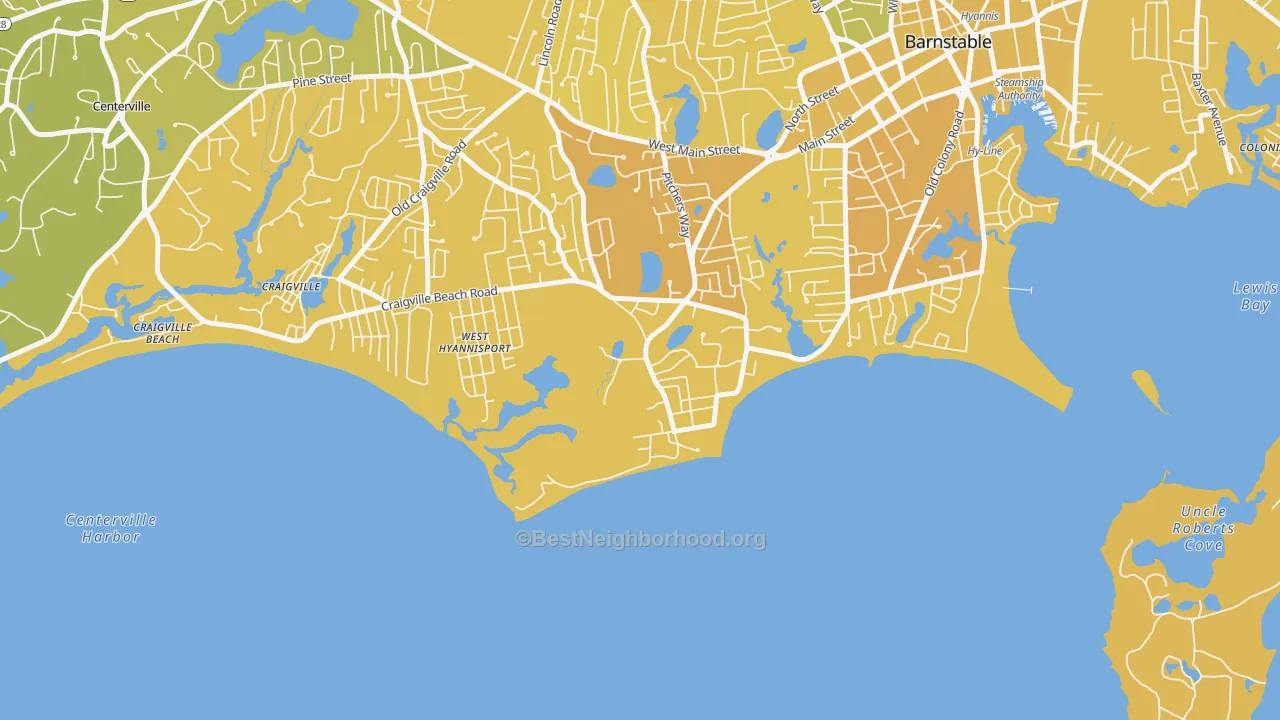 Map of the best neighborhoods in the 02647 area, with better matches in green and worse matches in red