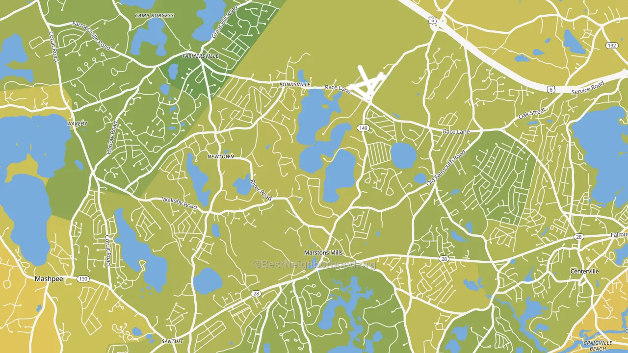 Map of the best neighborhoods in the 02648 area, with better matches in green and worse matches in red