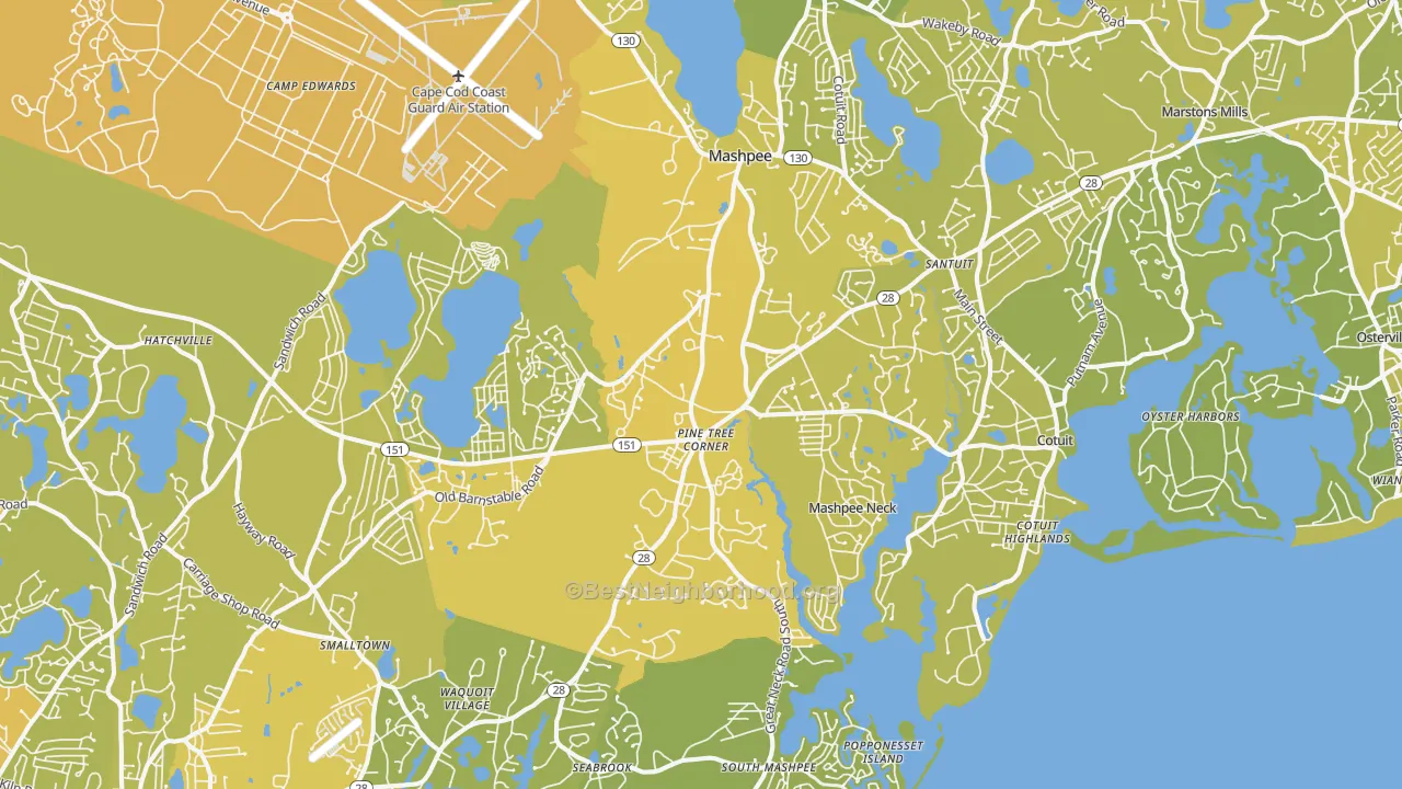Map of the best neighborhoods in the 02649 area, with better matches in green and worse matches in red