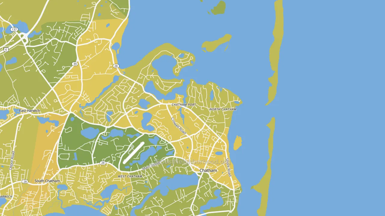 Map of the best neighborhoods in the 02650 area, with better matches in green and worse matches in red