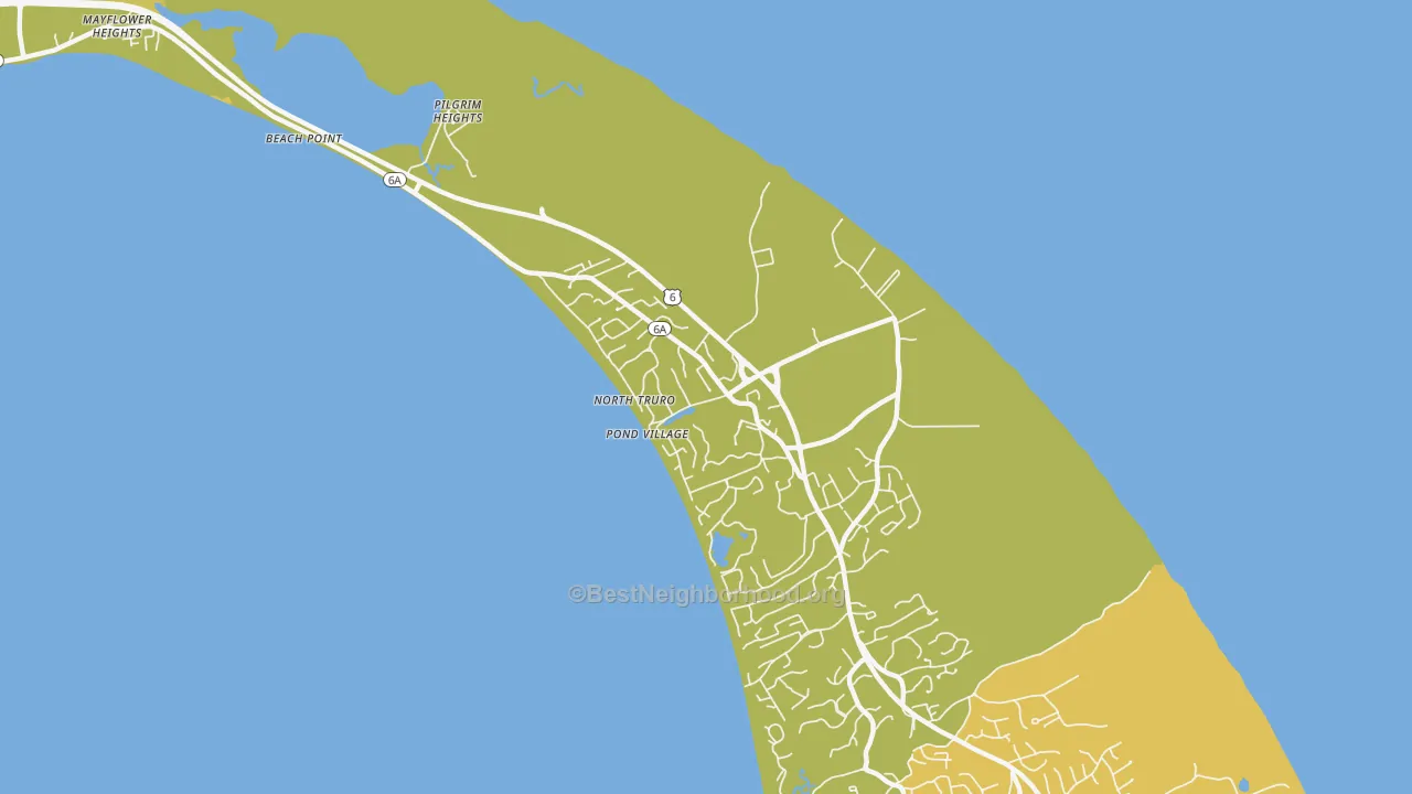 Map of the best neighborhoods in the 02652 area, with better matches in green and worse matches in red