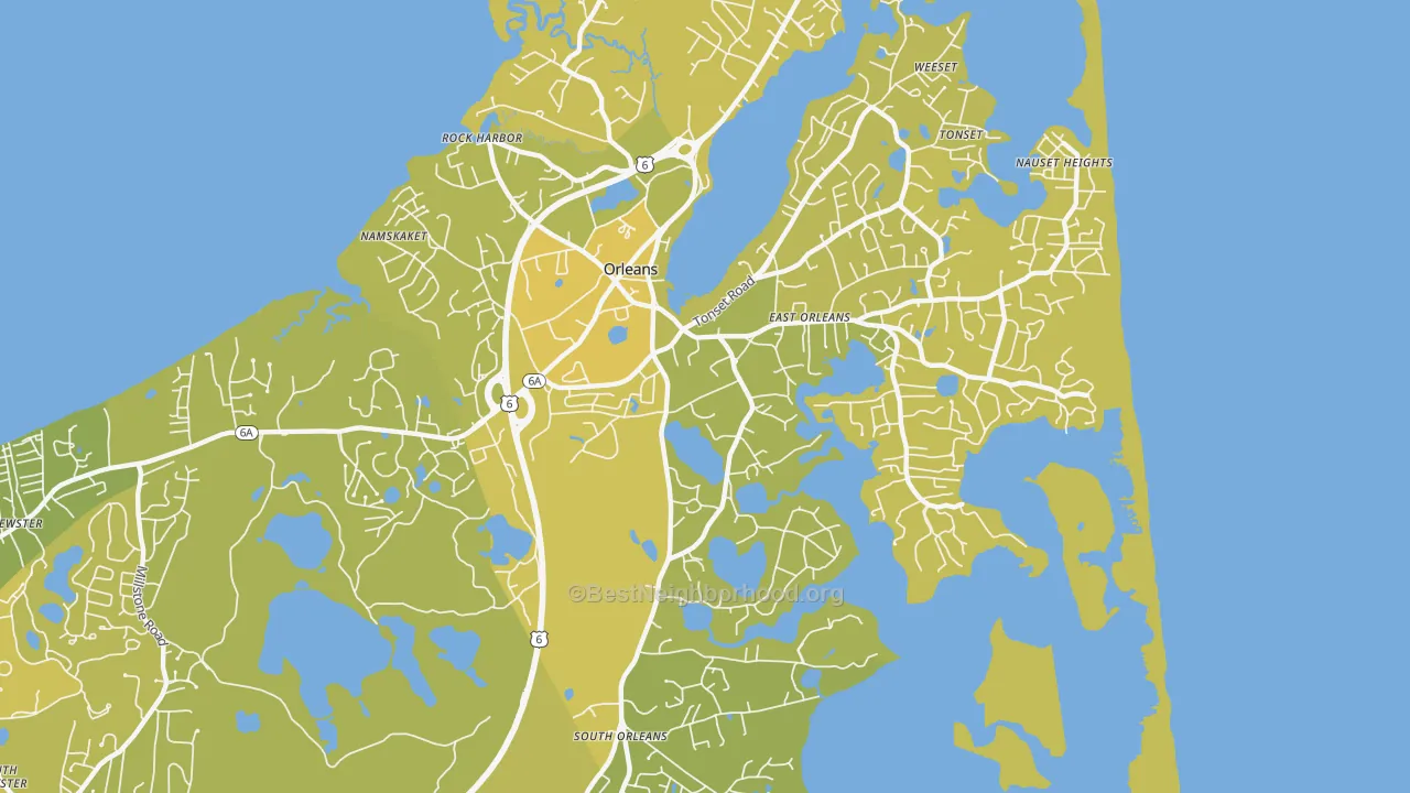 Map of the best neighborhoods in the 02653 area, with better matches in green and worse matches in red