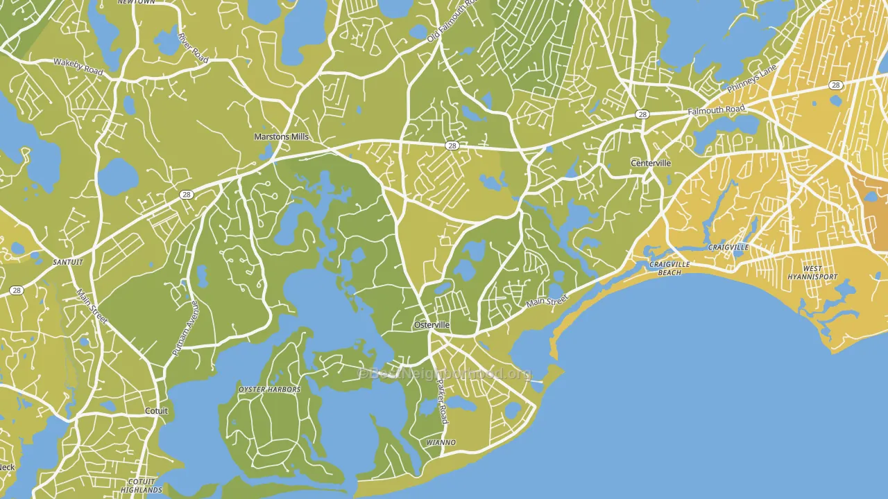 Map of the best neighborhoods in the 02655 area, with better matches in green and worse matches in red