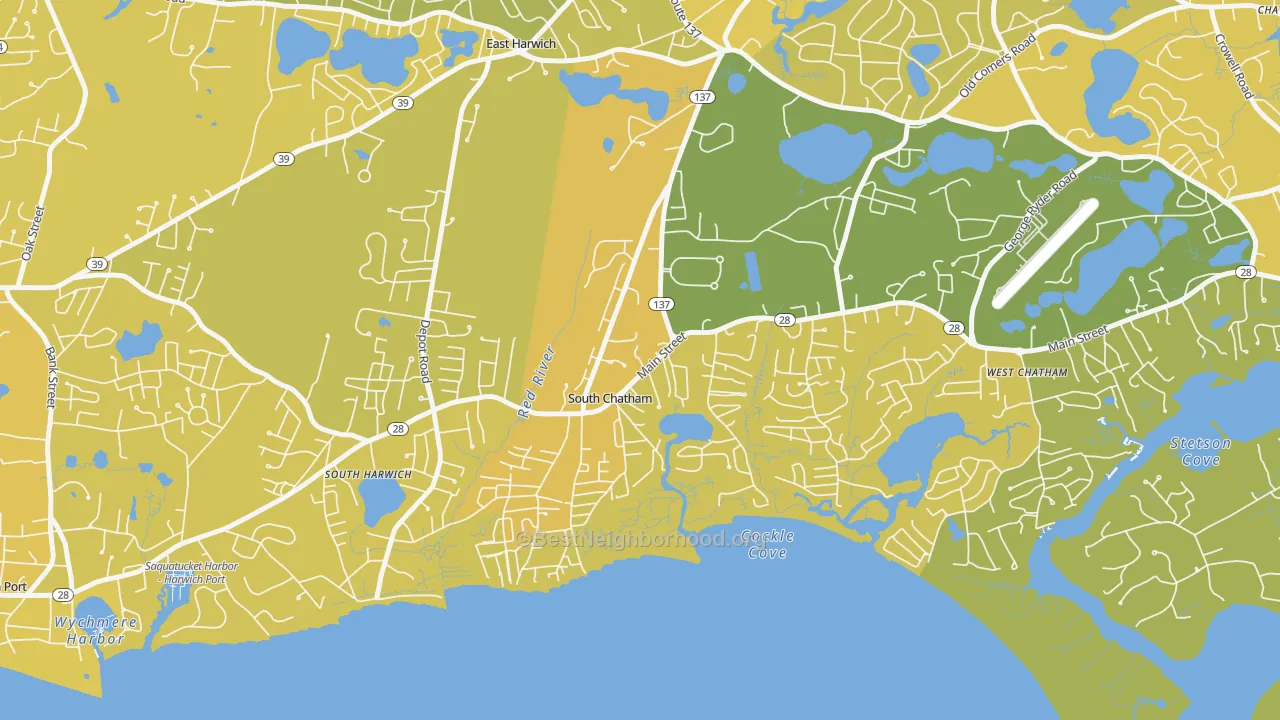 Map of the best neighborhoods in the 02659 area, with better matches in green and worse matches in red