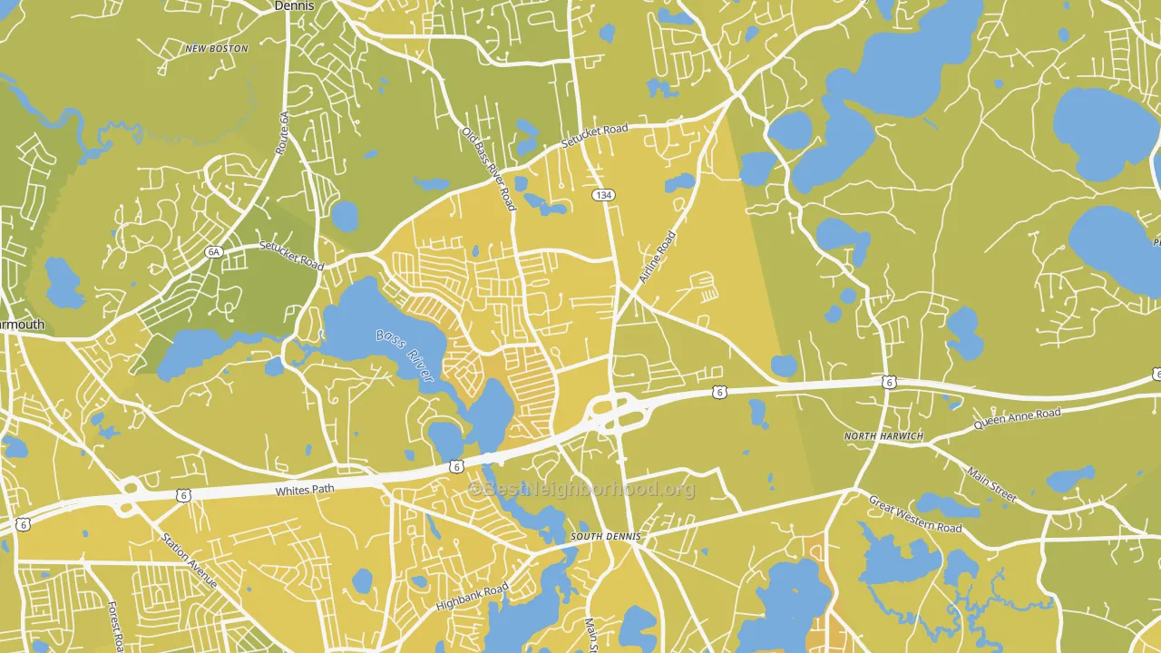 Map of the best neighborhoods in the 02660 area, with better matches in green and worse matches in red