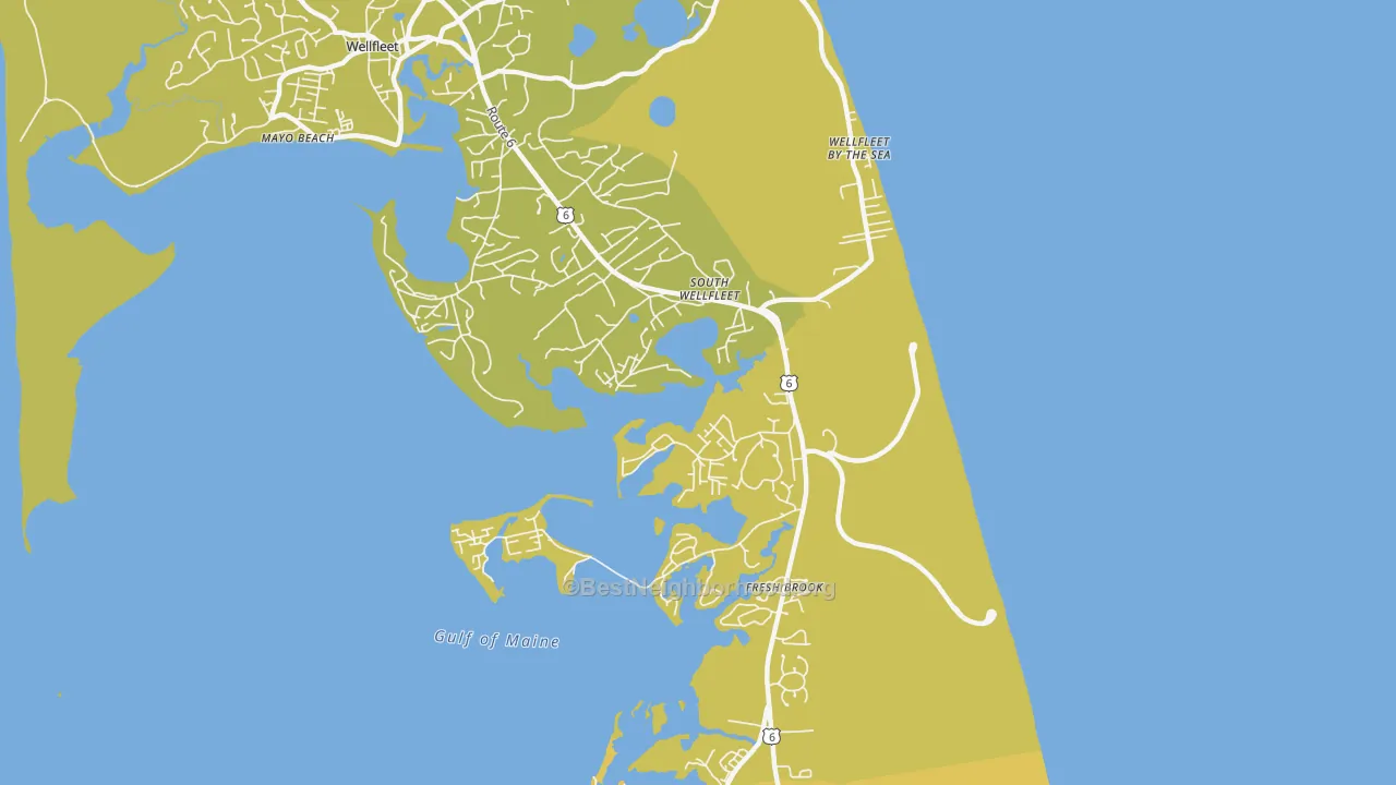 Map of the best neighborhoods in the 02663 area, with better matches in green and worse matches in red