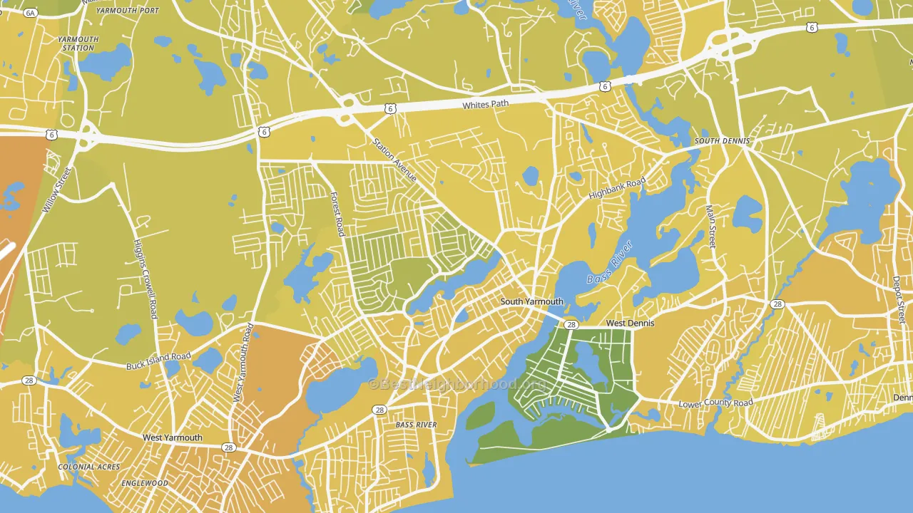 Map of the best neighborhoods in the 02664 area, with better matches in green and worse matches in red