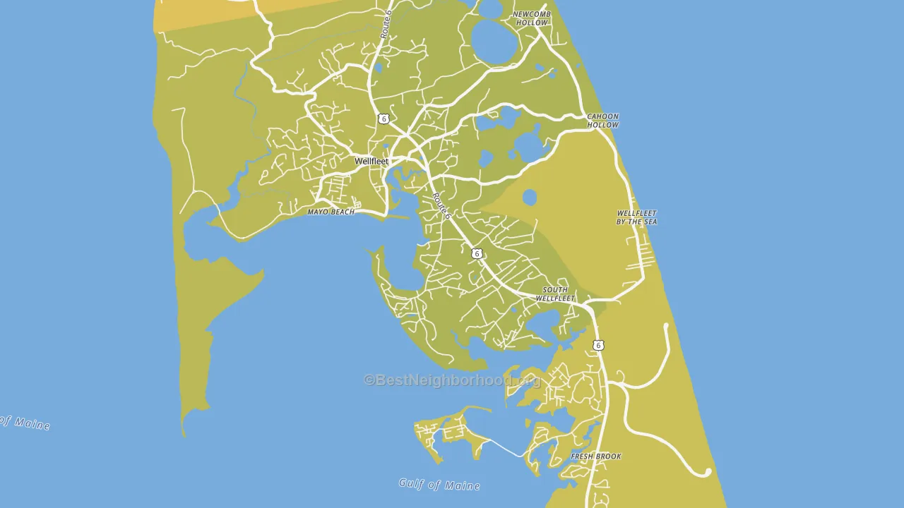 Map of the best neighborhoods in the 02667 area, with better matches in green and worse matches in red
