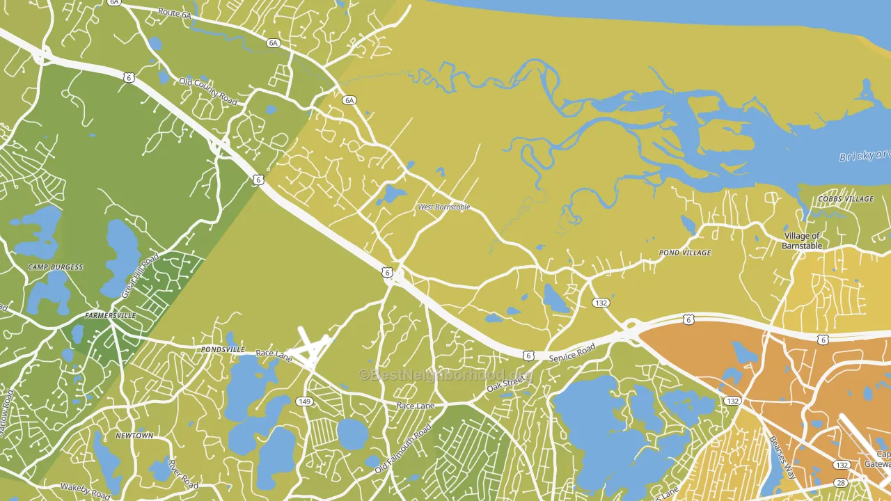 Map of the best neighborhoods in the 02668 area, with better matches in green and worse matches in red