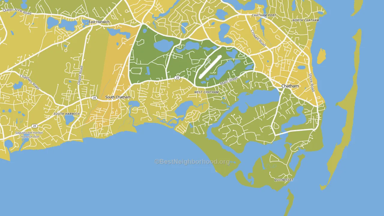 Map of the best neighborhoods in the 02669 area, with better matches in green and worse matches in red