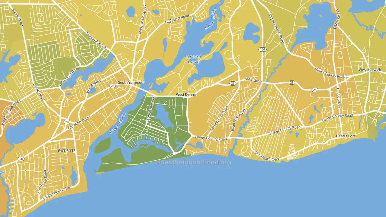 Map of the best neighborhoods in the 02670 area, with better matches in green and worse matches in red