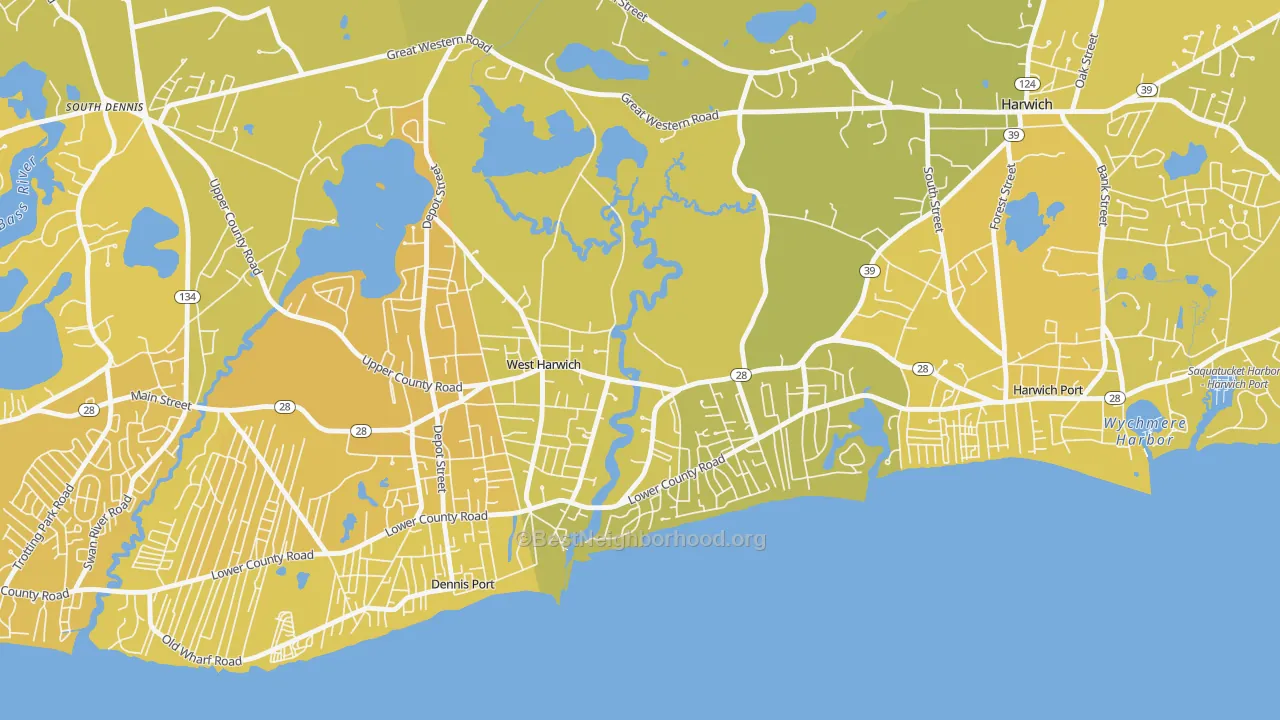 Map of the best neighborhoods in the 02671 area, with better matches in green and worse matches in red