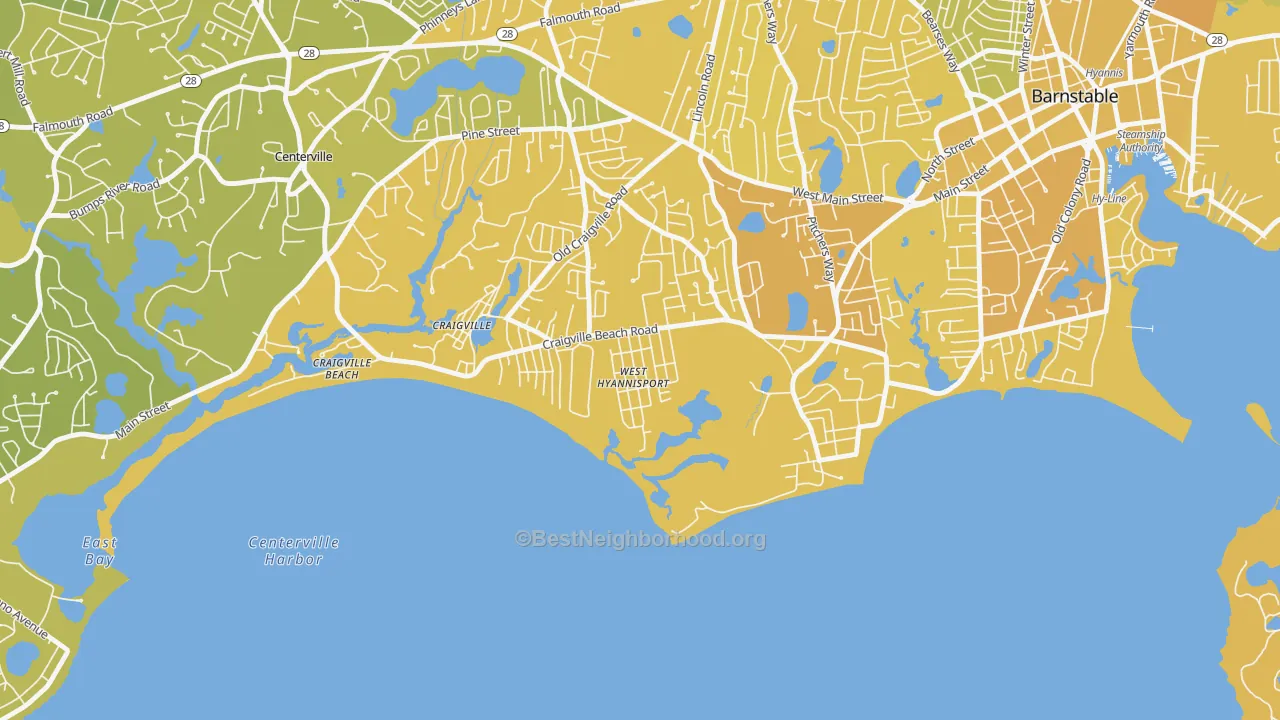 Map of the best neighborhoods in the 02672 area, with better matches in green and worse matches in red