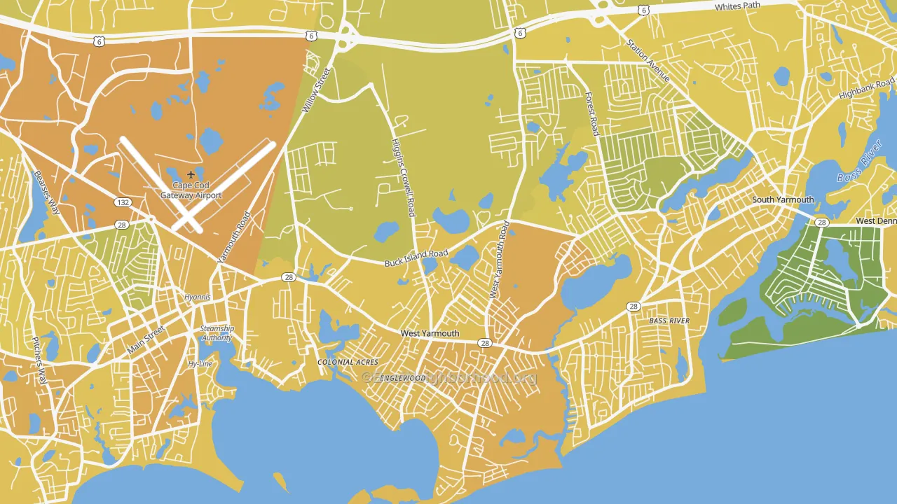 Map of the best neighborhoods in the 02673 area, with better matches in green and worse matches in red