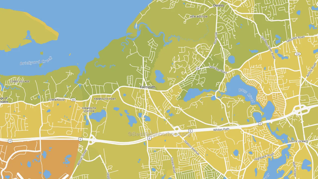 Map of the best neighborhoods in the 02675 area, with better matches in green and worse matches in red