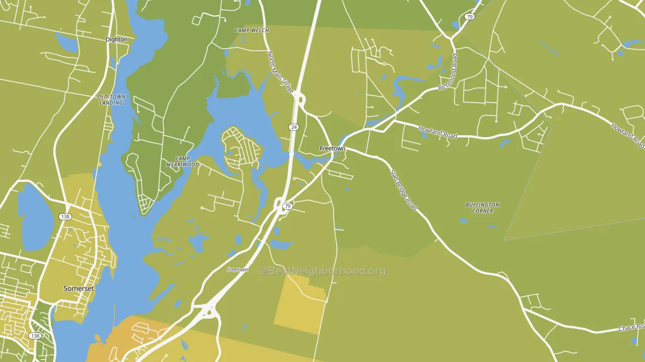 Map of the best neighborhoods in the 02702 area, with better matches in green and worse matches in red