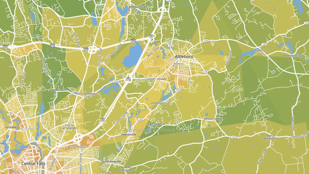Map of the best neighborhoods in the 02703 area, with better matches in green and worse matches in red