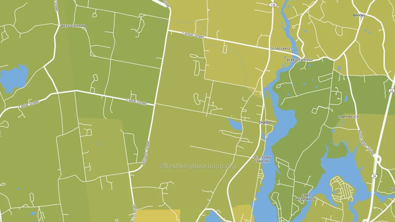 Map of the best neighborhoods in the 02715 area, with better matches in green and worse matches in red
