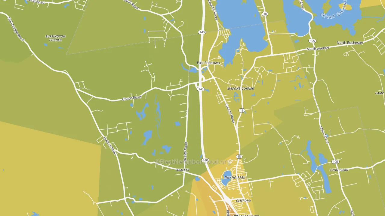 Map of the best neighborhoods in the 02717 area, with better matches in green and worse matches in red