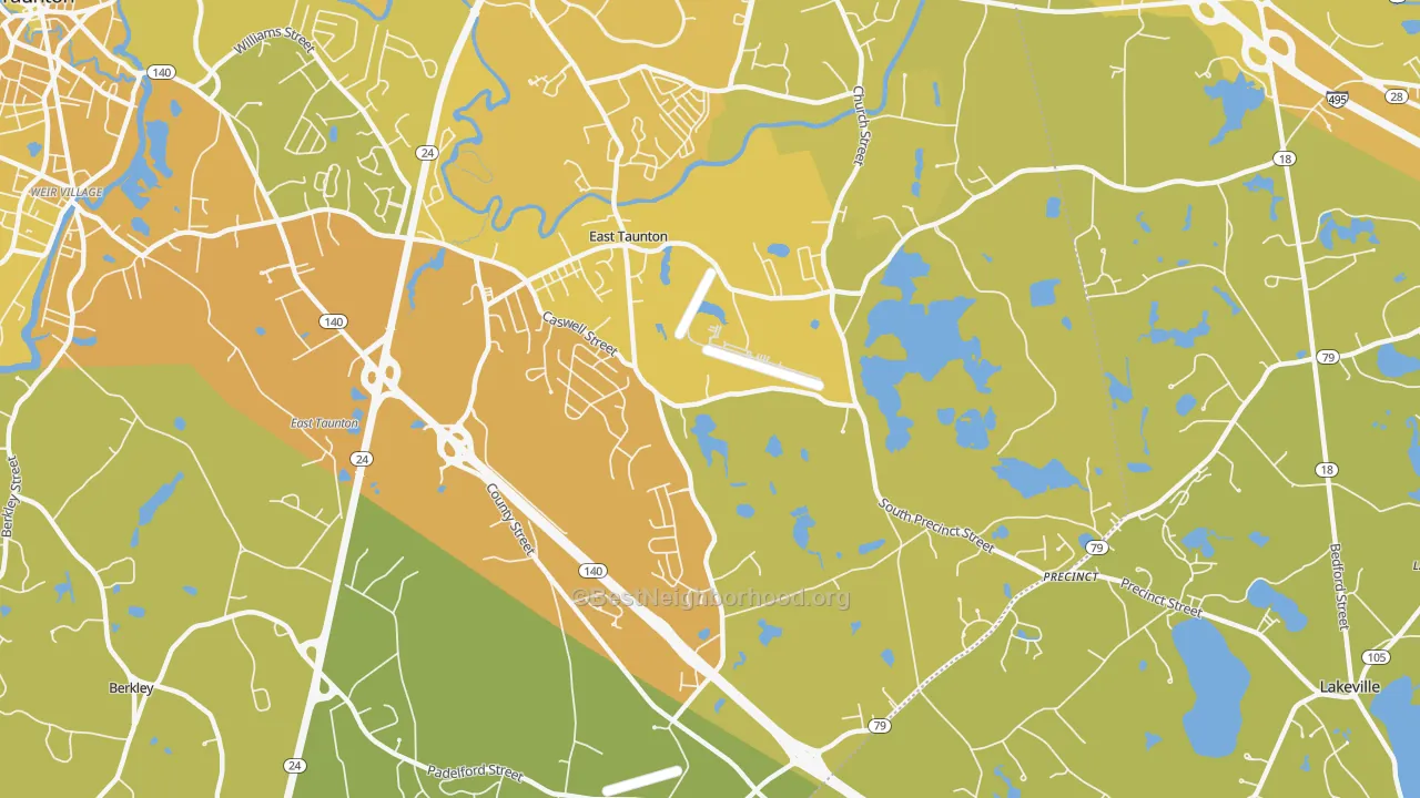 Map of the best neighborhoods in the 02718 area, with better matches in green and worse matches in red