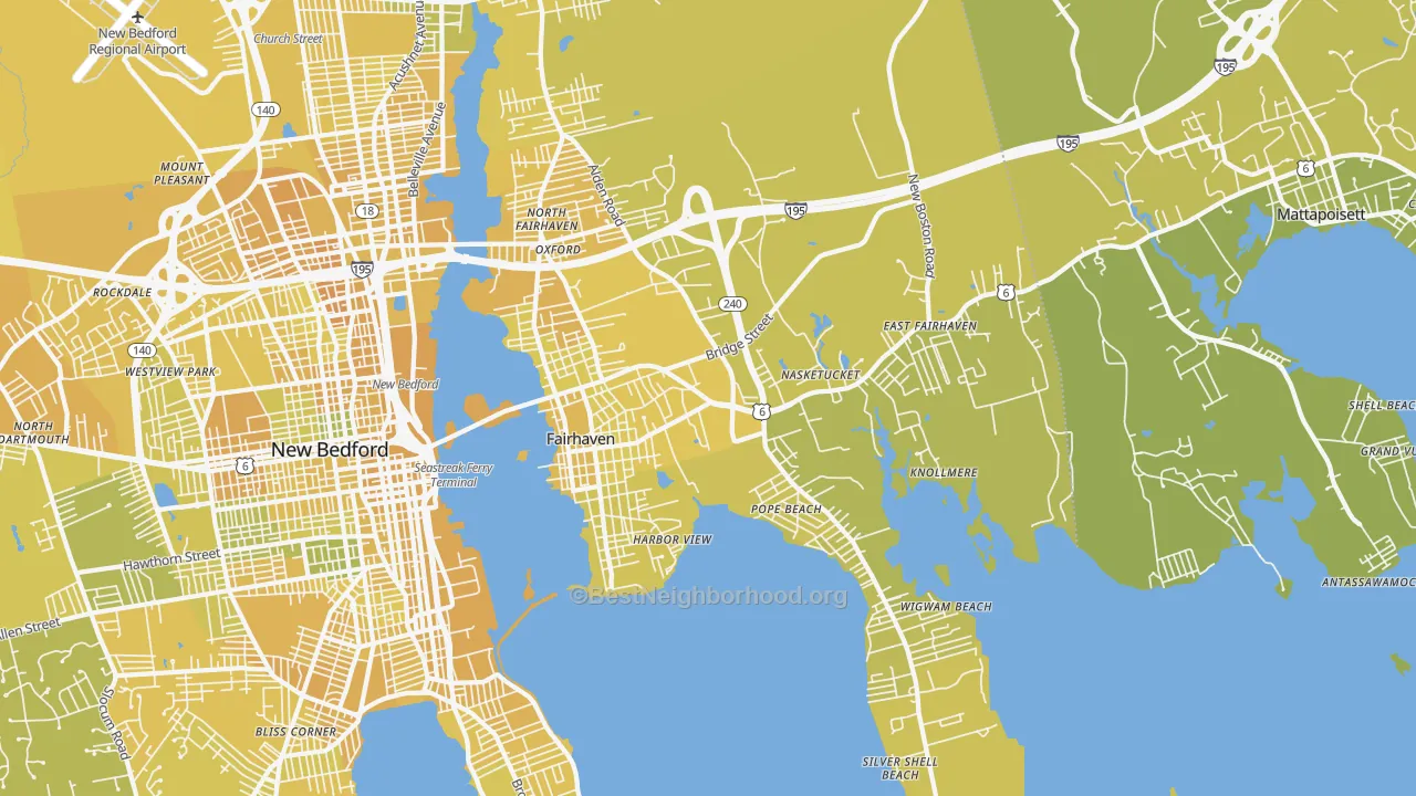 Map of the best neighborhoods in the 02719 area, with better matches in green and worse matches in red