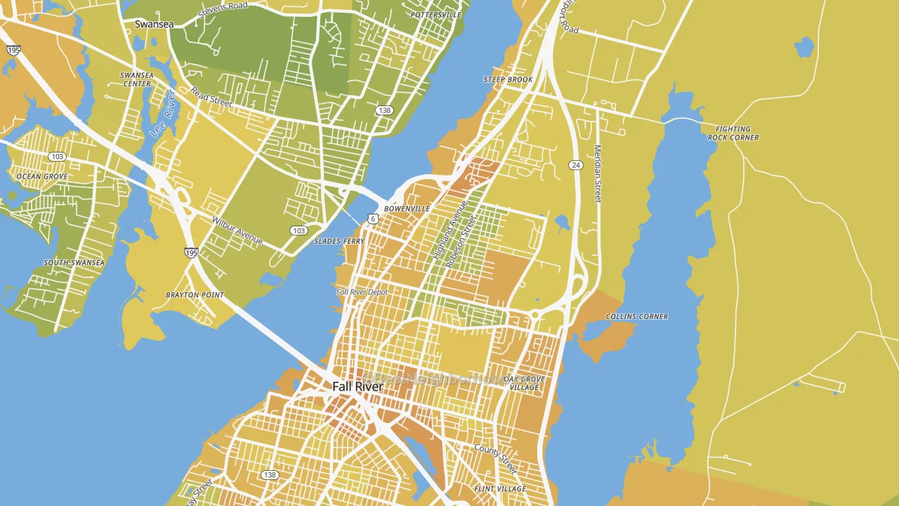 Map of the best neighborhoods in the 02720 area, with better matches in green and worse matches in red