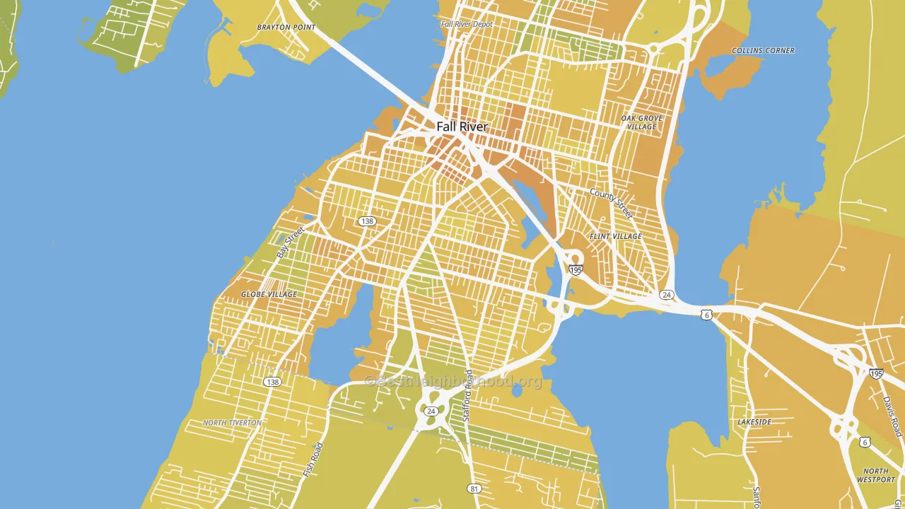 Map of the best neighborhoods in the 02721 area, with better matches in green and worse matches in red