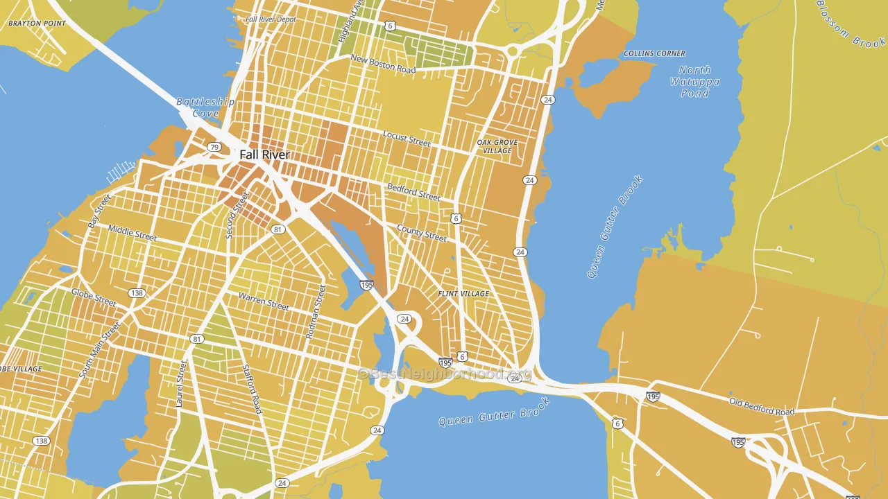 Map of the best neighborhoods in the 02723 area, with better matches in green and worse matches in red