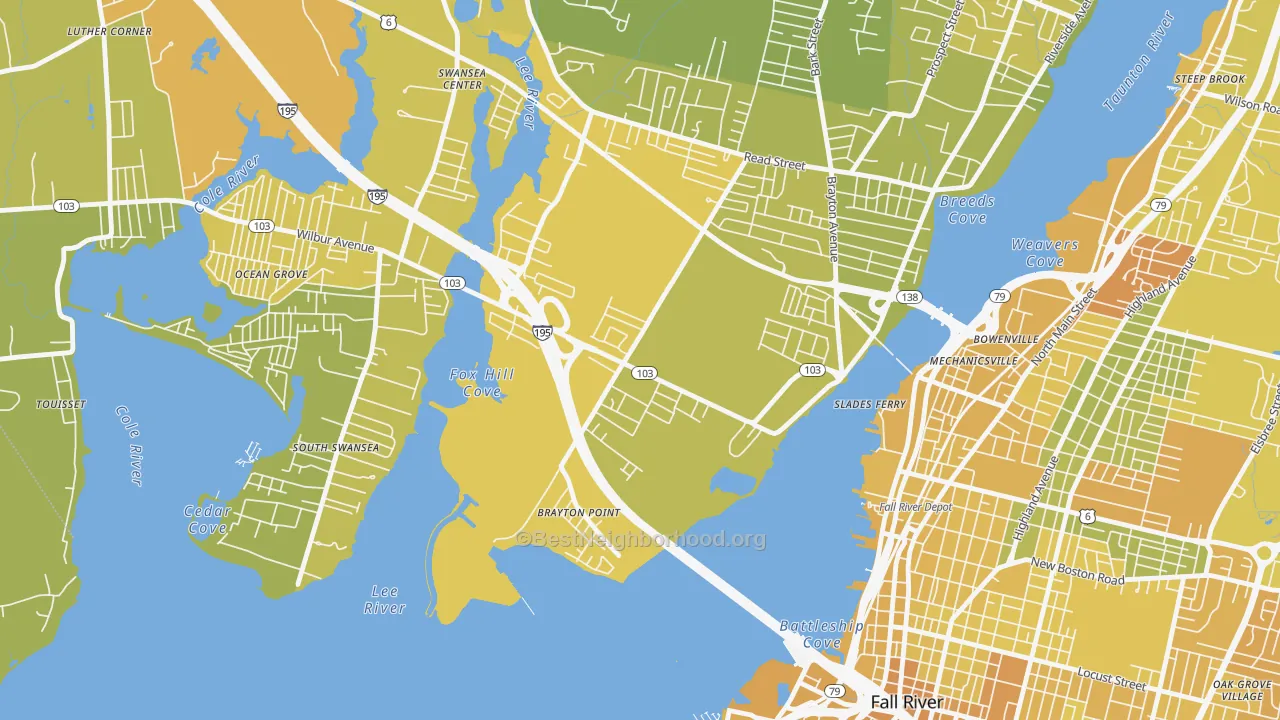Map of the best neighborhoods in the 02725 area, with better matches in green and worse matches in red