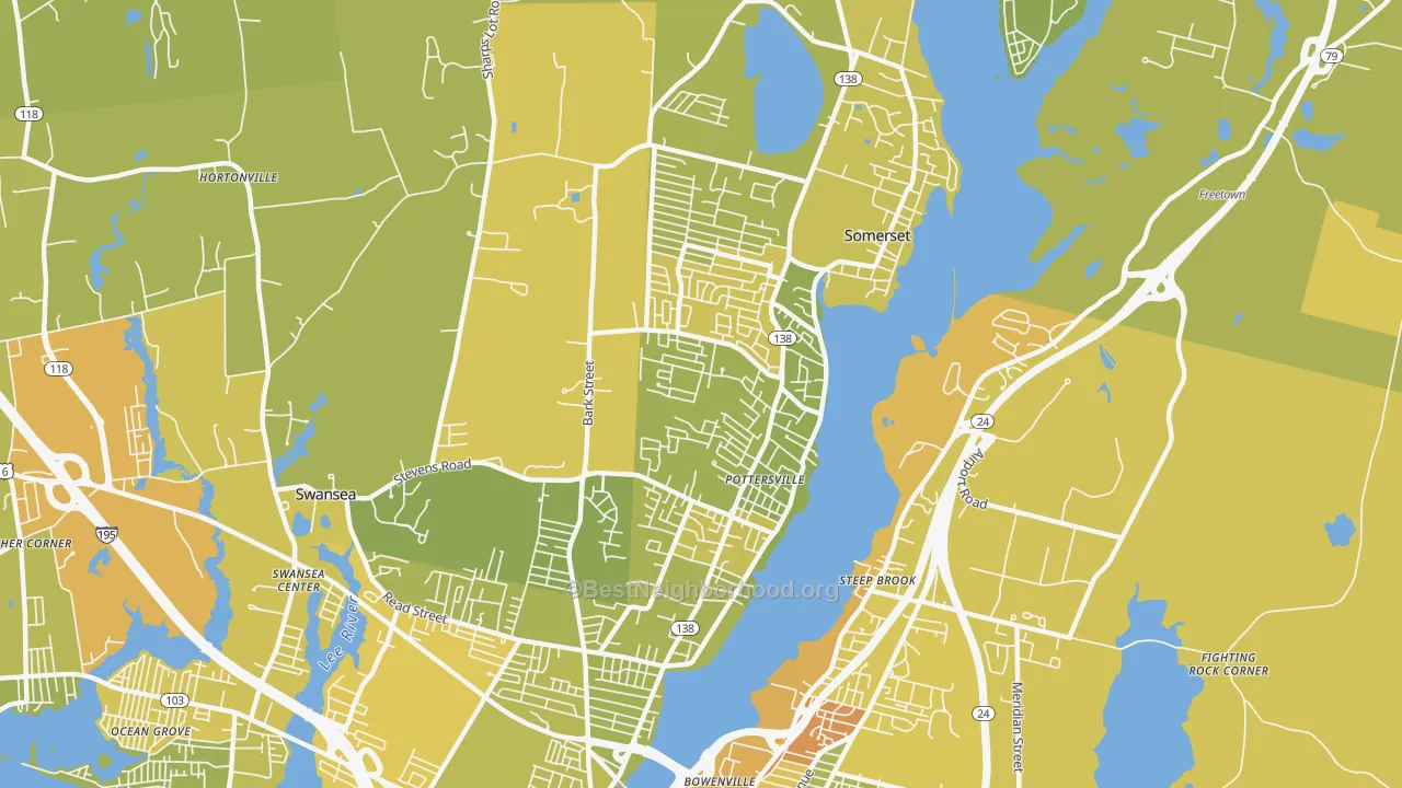 Map of the best neighborhoods in the 02726 area, with better matches in green and worse matches in red
