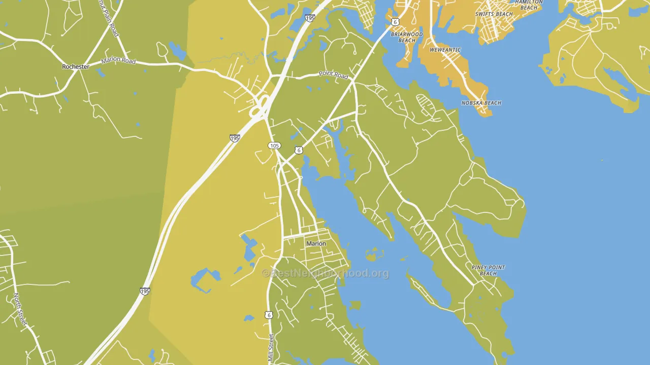 Map of the best neighborhoods in the 02738 area, with better matches in green and worse matches in red