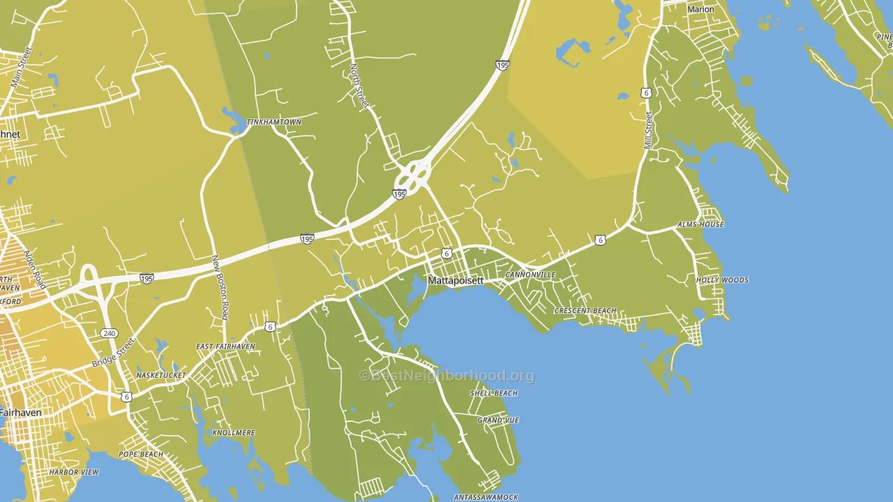 Map of the best neighborhoods in the 02739 area, with better matches in green and worse matches in red
