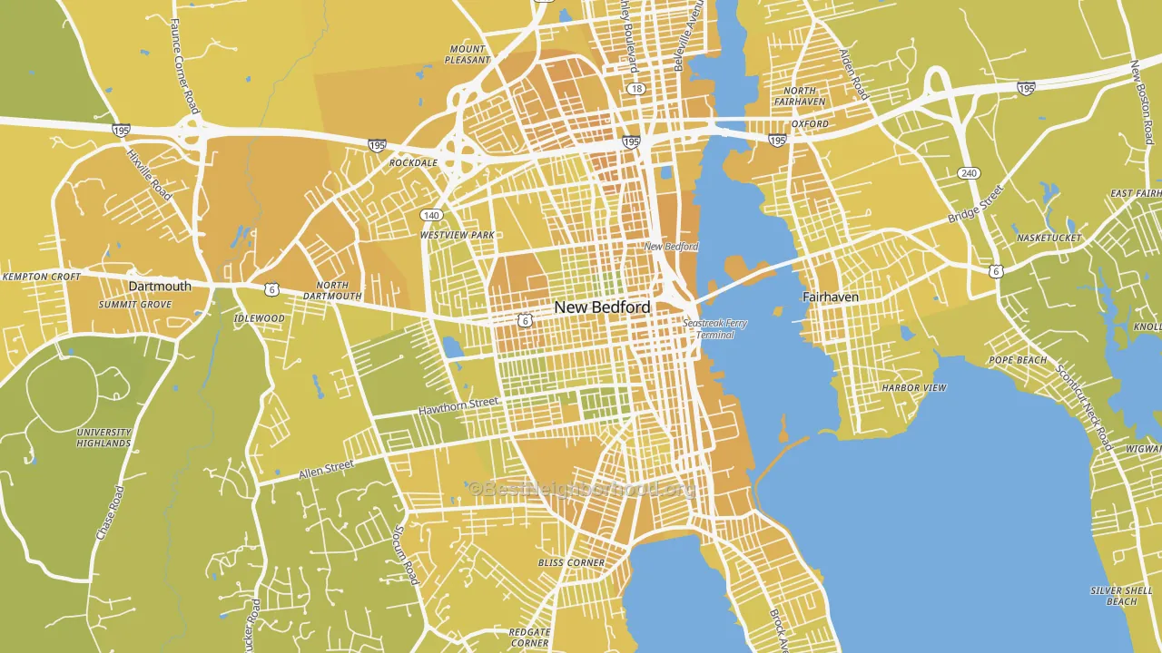 Map of the best neighborhoods in the 02740 area, with better matches in green and worse matches in red