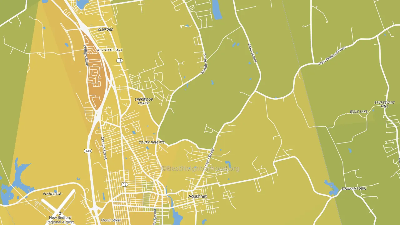 Map of the best neighborhoods in the 02743 area, with better matches in green and worse matches in red
