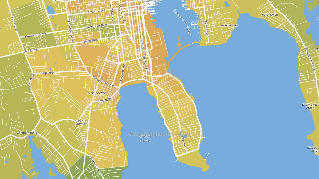 Map of the best neighborhoods in the 02744 area, with better matches in green and worse matches in red