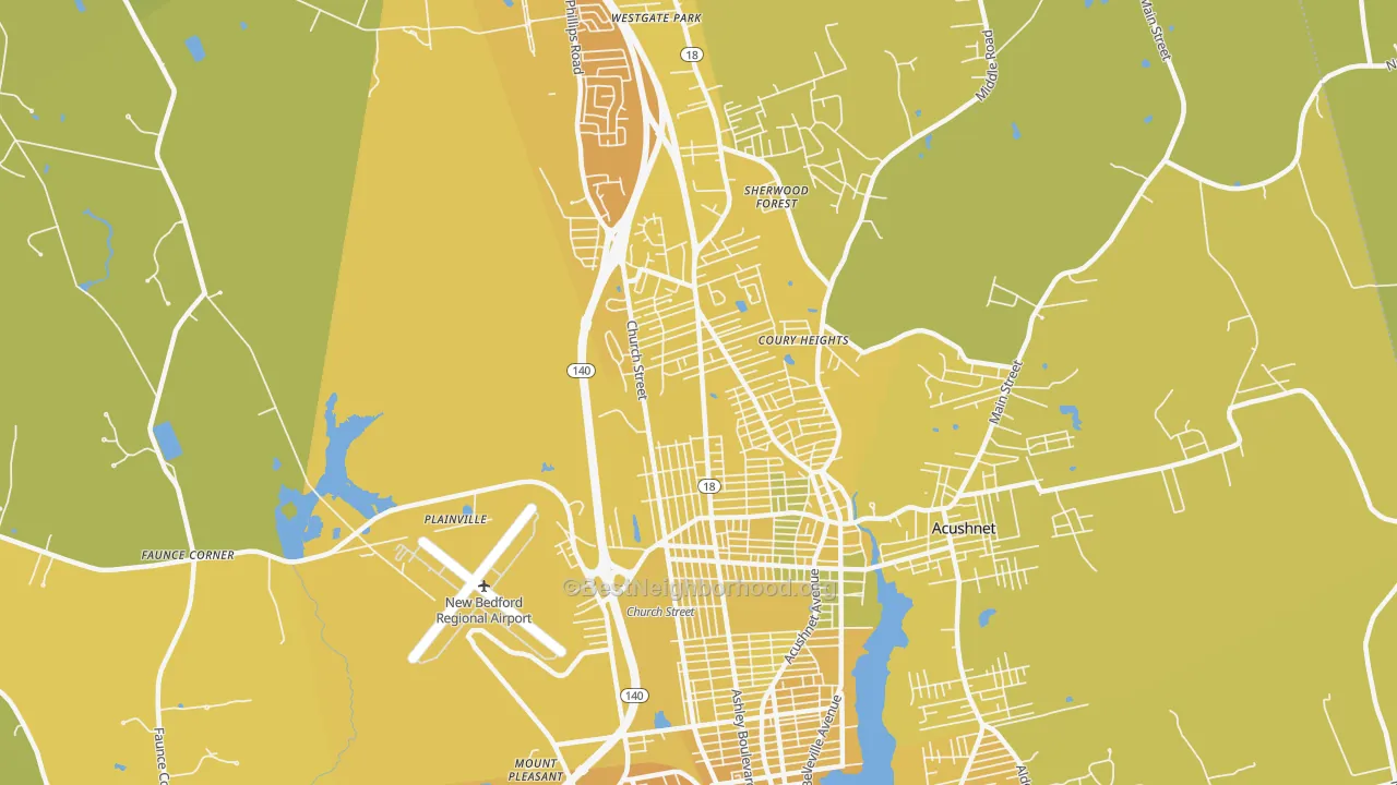 Map of the best neighborhoods in the 02745 area, with better matches in green and worse matches in red
