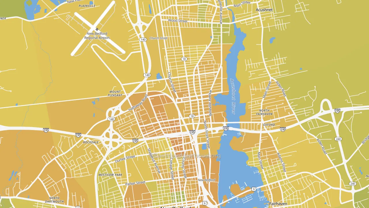 Map of the best neighborhoods in the 02746 area, with better matches in green and worse matches in red