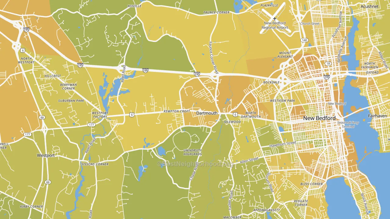 Map of the best neighborhoods in the 02747 area, with better matches in green and worse matches in red